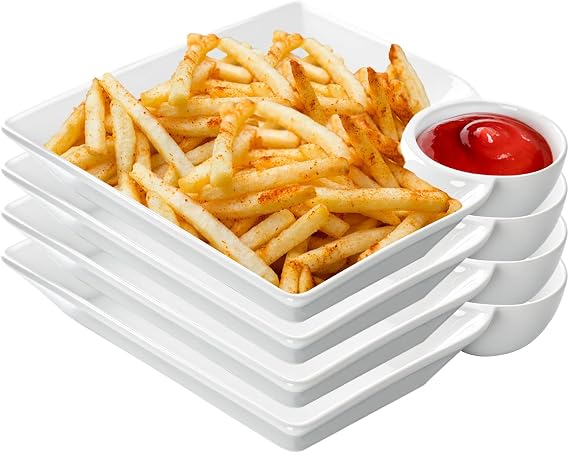 Chip and Dip Serving Platter Set of 4-8 Inch Ceramic Divided Plates with Sauce Compartment, Food-Safe Snack Plate for Dumpling, Sushi, Appetizer, Taco - White