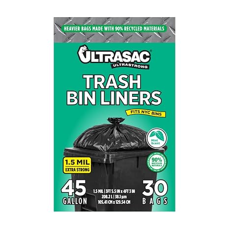 Ultrasac 45 Gallon 1.5 MIL Black Mint Scented Trash Bags - 41.5" x 51" - Pack of 30
