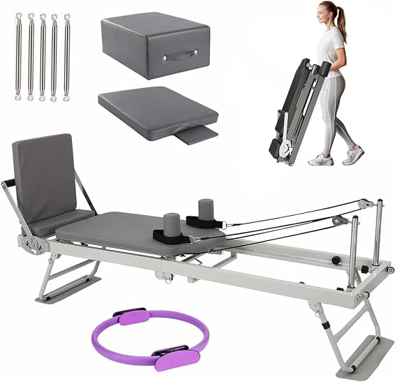Foldable Pilates Reformer Pilates Machine with 5 Springs Jump Board Box Ring Set Compact Design Perfect for Home Workout