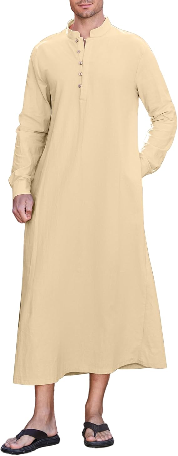 NANAMEEI Mens Kaftan Thobe Cotton Kaftan for Men Button down Islamic Thobe for Men Long Sleeve Robe Casual Muslim Gown Kurta
