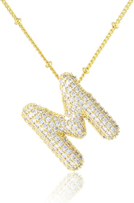 KELMALL 14K Gold/Silver Plated Chunky Bubble Initial Necklace for Women Dainty Personalized Letter Pendant with Cubic Zirconia Bold Statement Jewelry Gift for Her Birthday Anniversary
