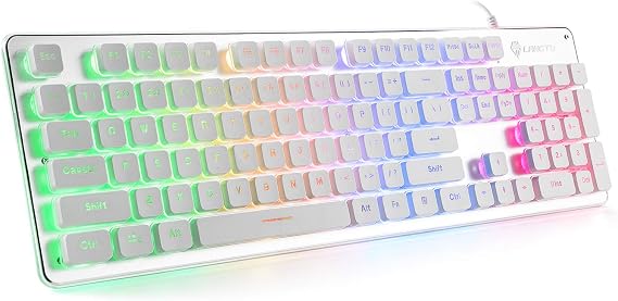LANGTU Membran Oyun Klavyesi, Gökkuşağı LED Arkadan Aydınlatmalı Sessiz Klavye, Ofis için USB Kablolu Tamamen Metal Panel 25 Tuşlu Anti-Gölgelenme Bilgisayar Klavyesi 104 Tuşlu - L1 Beyaz/Gümüş