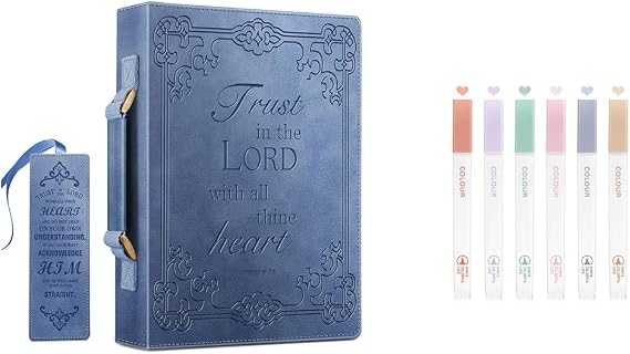 FINPAC Large Classic Bible Cover Vegan Leather Blue & Bible Highlighters, 6-Pack