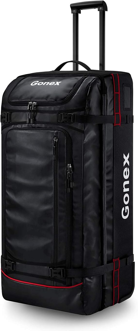 Gonex Rolling Duffle Bag with Wheels, Waterproof PVC Luggage, 33 in, Black | 100L Large Drop-Bottom Bag, YKK Zippers, Multi Pockets, High Stability Telescopic Handle, Oversized Wheels,Travel & Gear Bag