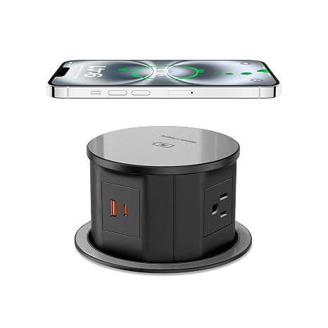 VILONG Pop Up Outlet for Countertop, 20W USB-C, 15W Wireless, 4AC, 6FT Cord | 800J Surge Protection, Fits 4.75" Desk Hole, for Kitchen Island RV Home Office Workstation, Black, ETL Listed