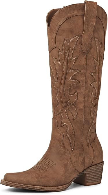 Women's Knee High Cowboy Boots Pointed Toe Embroidered Western Boots Chunky Heel Fashion Cowgirl Tall Boots for Concert Festival Fall Outfits