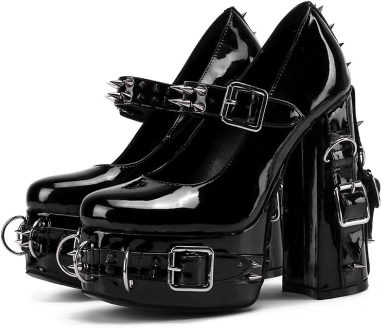 Frankie Hsu Women's Gothic Large Size Black Patent Leather Buckle Belt Ring Rivet Shinny Sexy Platform Chunky High Heels Ankle Strap Heeled Bootie Shoes