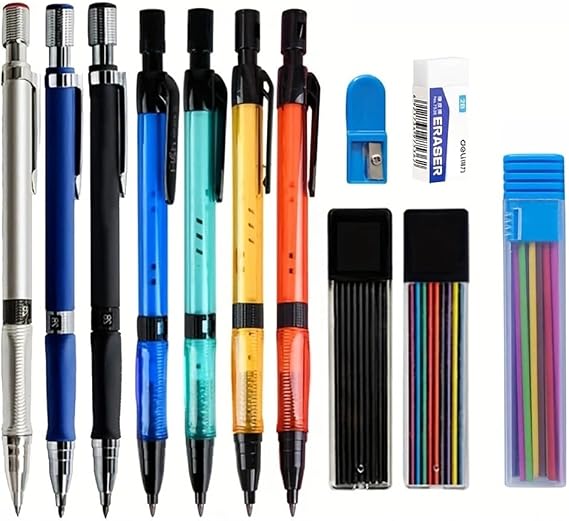 MROOFUL 7pcs Mechanical Pencil Set 2.0mm with 2B Black Colors Lead Refill for Writing Sketching Art Drawing Painting School Automatic Pencils