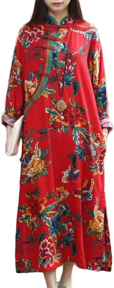 LZJN Women's Chinese Floral Print Qipao Dress Loose Fit Art Cheongsam Frog Buttons Modern Comfort