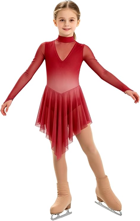 Girls Figure Ice Skating Dress Contemporary Lyrical Ballet Skirted Leotard Long Sleeve Mesh Competition Costume
