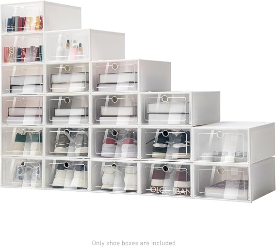 Shoe Storage Box, Plastic Stackable Shoe Organizer Closet with Door, Large Shoe Storage Bins For Closet, Space Saving Shoe Holder Sneaker Display Case Fit up to US Size 10, White, Clear (20 Pack)