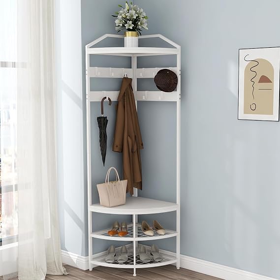 VEDECASA White Coat Rack with Shoe Storage Bench 4-Tier Coat Stand Freestanding Corner Coat Rack with 10 Metal Movable Hooks and Wooden Storage Shelves for Hallway Entrance Closet Bedroom
