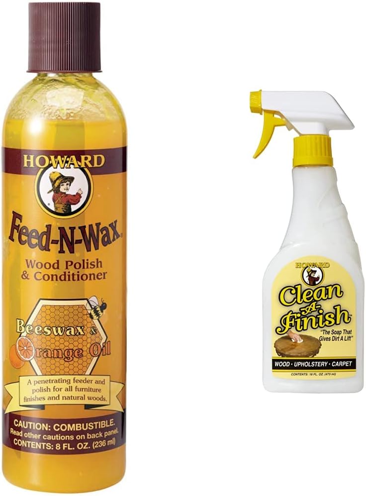 Howard Products Feed-N-Wax Wood Polish & Conditioner, 8 oz, Orange & Howard CF0016 Clean-A-Finish Wood Soap, 16-Ounce