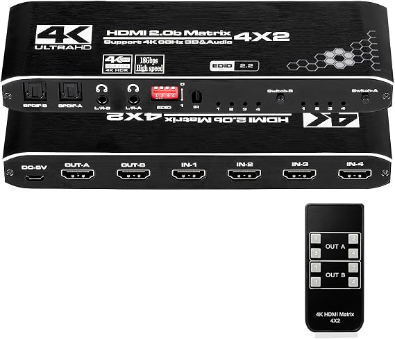 HDMI Matrix Switch 4x2, 4K HDMI Matrix Switcher Splitter 4 in 2 Out Box with EDID Extractor and IR Remote Control Support 4K HDR, HDMI 2.0b, HDCP 2.2, 4K@60Hz, 3D, 1080P