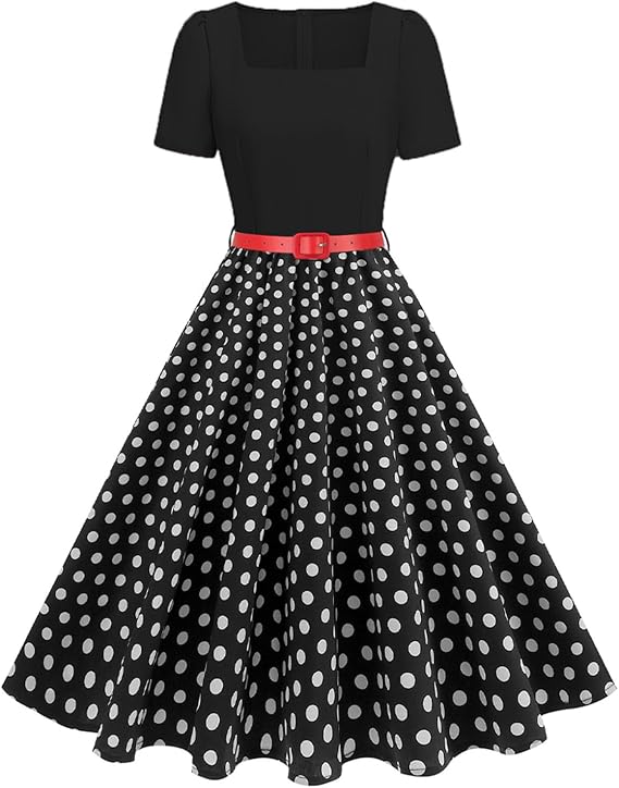 1950s Vintage Cocktail Dresses for Women: Polka Dot Square Neck Tea Length with Belt - Summer Retro Outfits for Wedding
