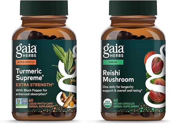 Gaia Herbs Turmeric Supreme Extra Strength - Supports Occasional Discomfort* 60 Phyto-Caps & Reishi Mushroom - Adaptogen Herbal Supplement for Longevity Support* - 40 Phyto-Caps (2 Pack)