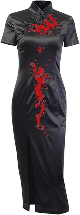 Womens Chinese Clothing Gothic Dress Cheongsam Dresses Vintage Black Slit Hem Sexy Evening Dress