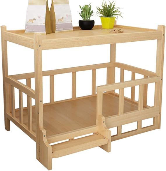 La La Pet Wooden Dog Bed 2 Tier Pet Sofa House Raised Dog Kennel Room with Fence for Small Medium Dogs Cats(Luxury Double Deck,M)
