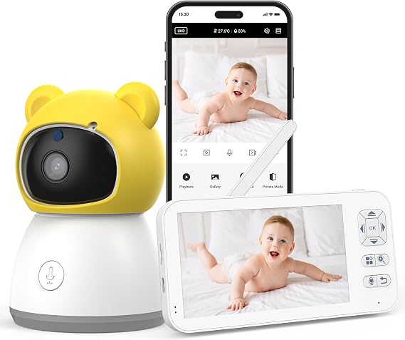 5" Baby Monitor WiFi Smartphone, Baby Monitor with 2K Camera and 1080P HD Screen,Video Baby Monitors with App Control, Motion & Crying Alarm,5000mAh,Two-Way Audio,1200ft Range