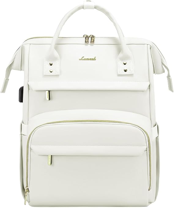 LOVEVOOK Leather Laptop Backpack for Women 15.6 inch,Travel Backpack Purse Nurse Teacher Backpacks Computer Laptop Bag,Professional College Business Work Carry On Backpack with USB Port,Beige White