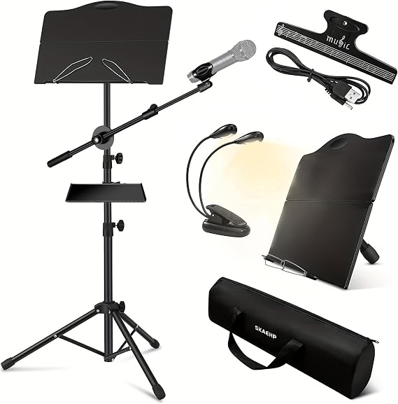 Sheet Music Stand, Portable Music Stand with Detachable Microphone Stand, Converts to Desktop Stand Tabletop Stand, Carrying Bag, Phone Holder, Light and Clip