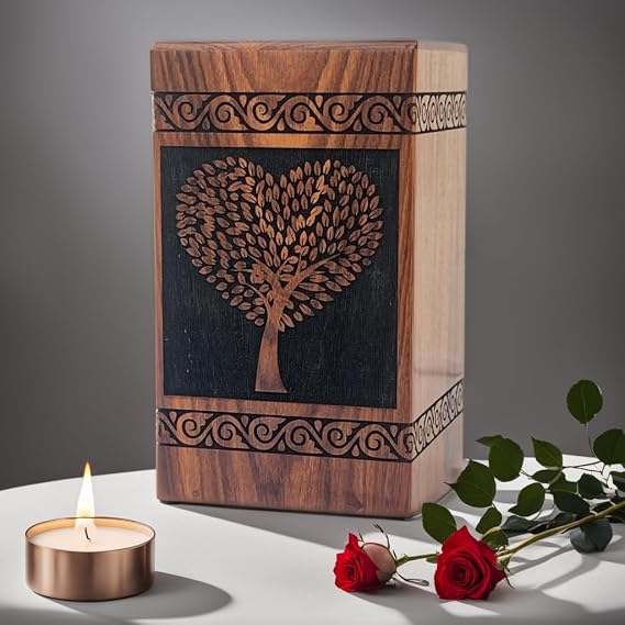 Wooden Urns for Human Ashes Tree of Life Urns Cremation Urns for Adult Ashes Funeral Urns Wooden Pet Urn Wooden Urn Box (Heart Tree Black, (Large -
