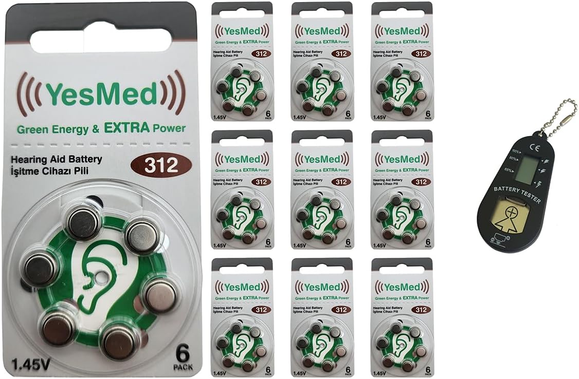 YesMed Extra Power 312 Number Hearing Aid Battery 10 Packs x 6 Pieces = 60 Pieces Battery  GIFT Hearing Aid Battery Meter 1 Piece