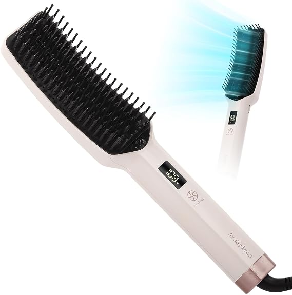 Hair Straightening Brush, Pro Airflow Straightener | Quickly Tames Frizz for Sleek Straight Hair Ceramic Anti-Scald Heating Brush 15 Temp Settings (170450F) Dual Voltage
