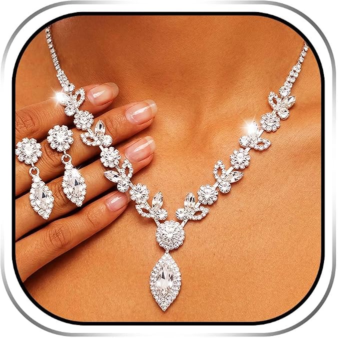TWINKLEDE Wedding Jewelry Sets for Women Silver Bridal Rhinestone Necklaces and Earring for Brides