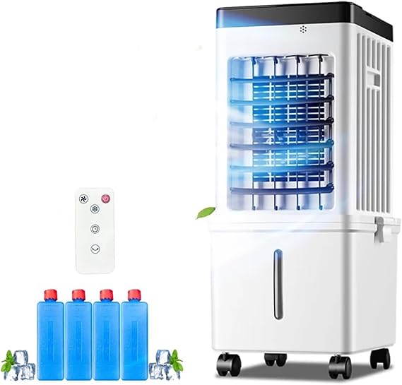 Portable Evaporative Air Cooler, 12L Large Water Tank Cooling Fan with Ice Packs, 3-Speed, 7.5H Timer, Wide Oscillation, Removable Water Tank, Quiet Room Cooler for Bedroom, Office, Living Room [Energy Class A++]