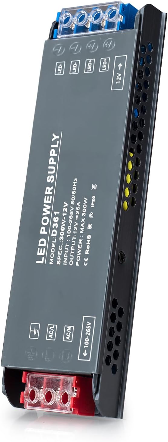 LED Transformer 12 V 300 W Driver Power Supply Switching Power Supply Transformer 25 A AC 230 V to DC 12 Volt Compact Extreme Constant Voltage Thin Low Voltage Transformer for LED Strips