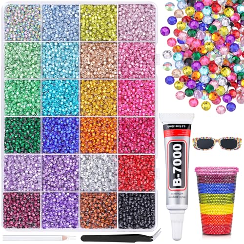 24000Pcs Resin Rhinestones for Bedazzling with B7000 Jewelry Glue, Multicolor 3mm Flatback Gems Rhinestones for Crafting, Clothing Tumblers Mugs Shoes Fabric Decor Nail Art