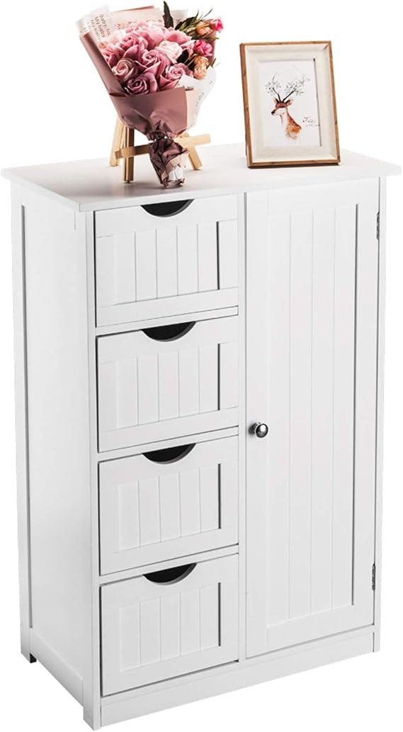 Bathroom Floor Cabinet, Free Standing Storage Cabinet with 4-Drawer Single Door Adjustable Shelf, Wooden Storage Organizer Side Cabinet for Bathroom, Living Room, Kitchen