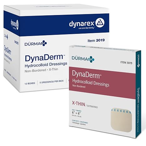 Dynarex Durma+ DynaDermTM Hydrocolloid Dressing - Sterile Non-Bordered Wound Patch - Water-Resistant - Flexible Protection - X-Thin - 6" x 6" - 5 per Box, 12 Boxes per Case