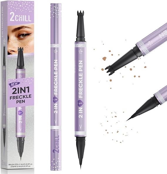 2CHILL Waterproof 2 in 1 Freckle Pen Pro, Long-Lasting Dual Head Freckle Stamp and Eyebrow Pen, Easy Natural Sun-kissed Fake Freckles Makeup for All Skin Types (02 Brown)