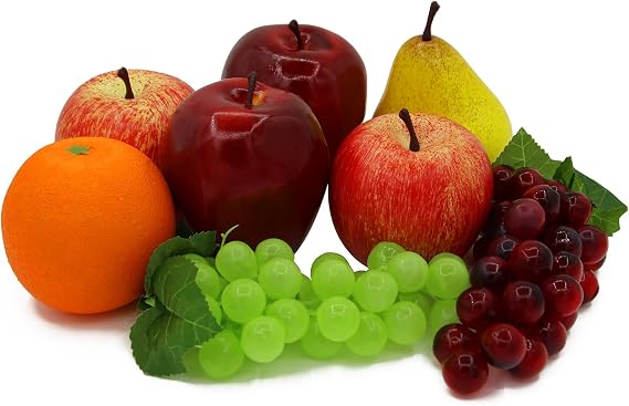 Artificial Fake Fruit, 8 Pcs Faux Fruit Centerpieces Dining Table Decorative, Lifelike Fruits Set Contain Fake Apple, Grape, Orange, Pear for Home Kitchen Decor