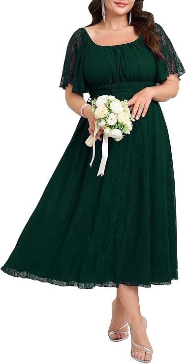 SHESTARR Women's Plus Size Wedding Guest Dress Lace Square Neck Short Sleeve Flowy A Line Formal Maxi Dresses