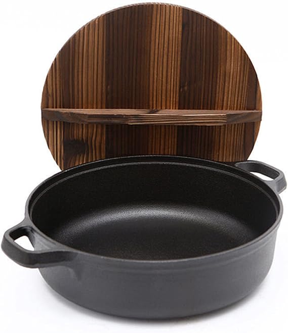 Japanese Sukiyaki Cast Iron Sukiyaki Pan Ramen Cooker Noodle Pot Deep Cast Iron Skillet with Dual Large Loop Handled and Wooden LidStir Fry Pan Uncoated Non-Stick Wok for Grill and Deep Frying,