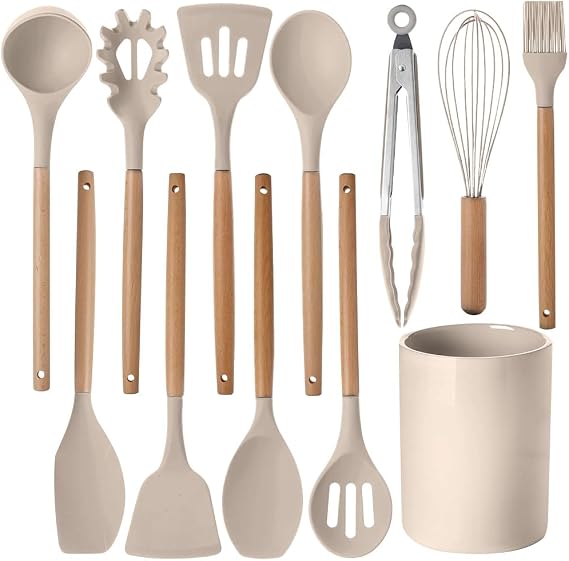 12 Pcs Kitchen Utensil Set, Silicone Cooking Utensils Set with Wooden Handle, Heat Resistant, Nonstick Cookware Tongs Spatula Spoon Set with Storage Bucket for Home, Camping, Dishwasher Safe (Khaki)