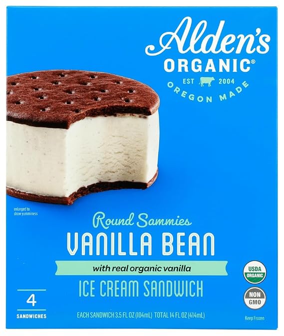 Aldens Organic Vanilla Bean Ice Cream Sandwich, 14 Fluid Ounce - 12 per case.