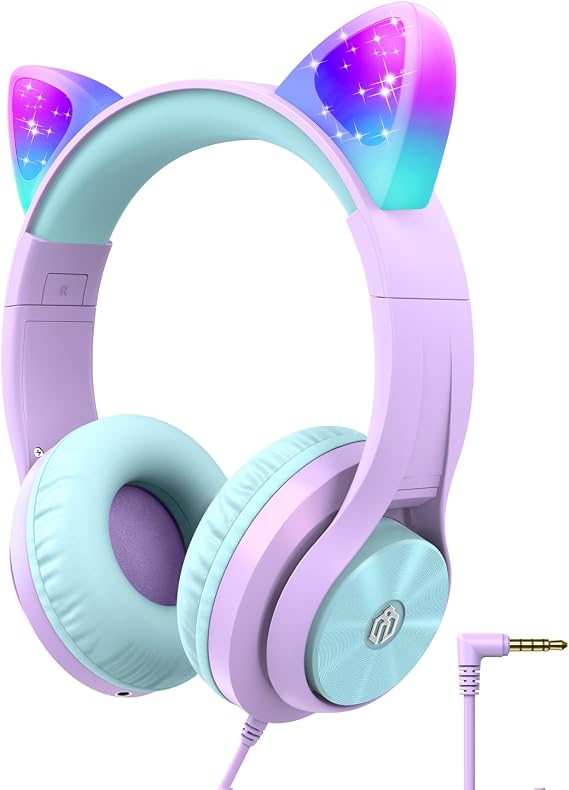 iClever HS20 Kids Headphones for Toddler Girls, Cat Ear LED Light Up School