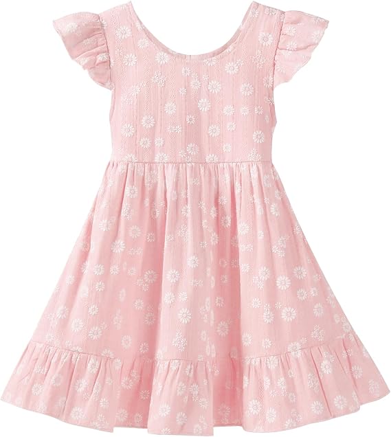 Toddler Girls Backless Cotton Floral Dress, Ruffle Flutter Sleeve,18M-6Y | Adjustable Knot, Elastic Waistband, Breathable, Summer Floral Casual Party Sundress for Beach, School