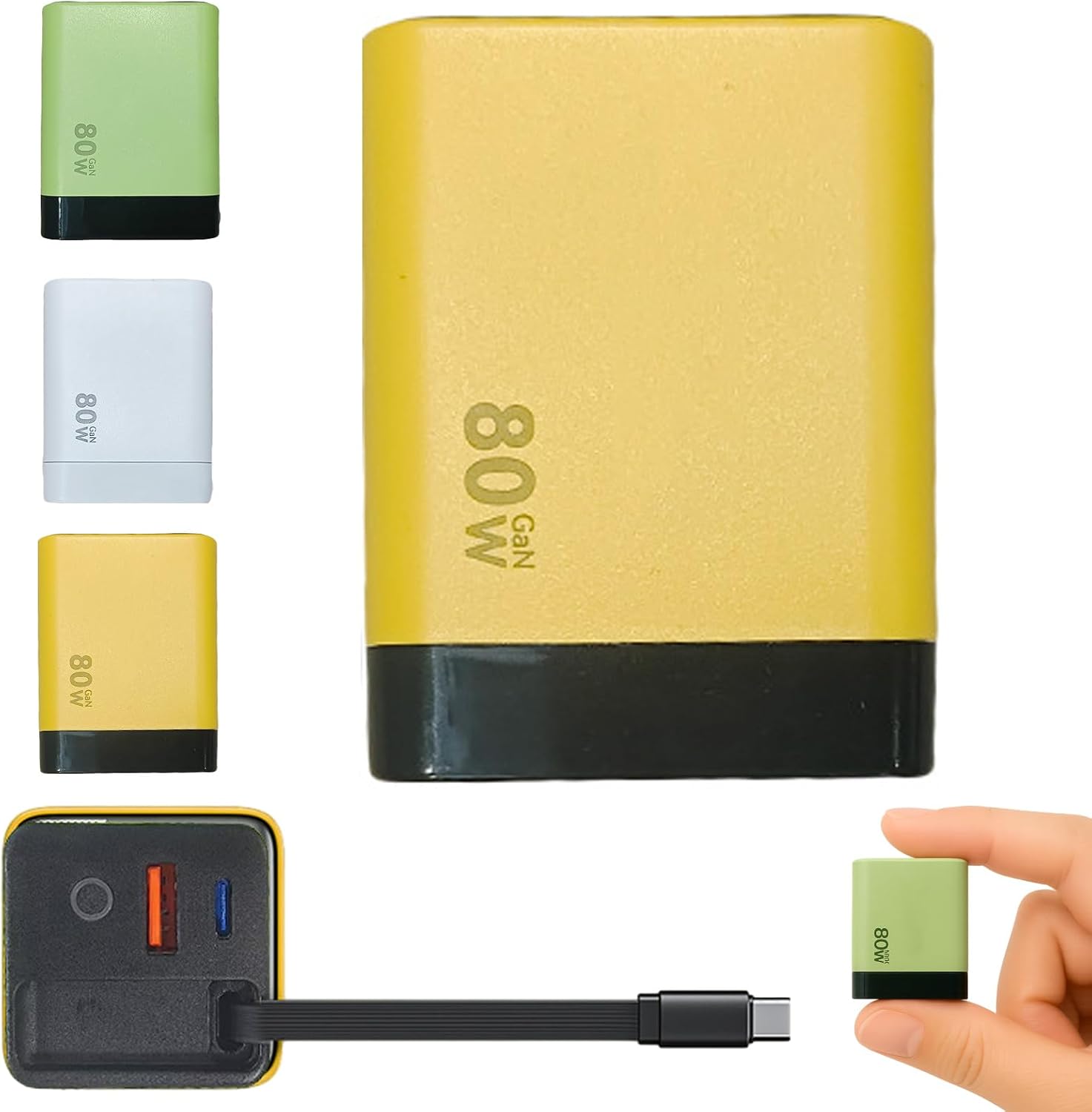 Spiritukal 3 in 1 Charger,Scalable 80w Max Fast Charger Module with Type-C Cable and 2 USB Ports, Can Charge Three Mobile Phones or Laptops at The Same Time Yellow