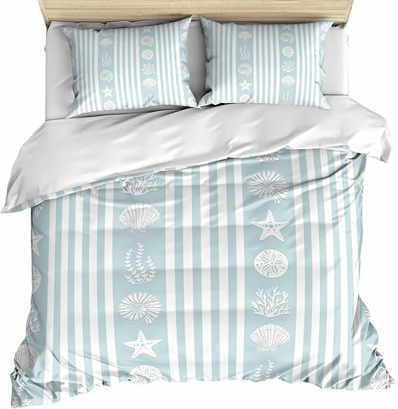 Aqua Blue Strip Coastal Duvet Cover Twin Size, Summer Nautical Ocean Comforter Cover with Zipper Closure, 3 Piece Bedding Sets 1 Duvet Cover 68x90 Inches and 2 Pillow Shams