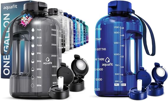 AQUAFIT 2 Pack - Half Gallon Water Bottle With Time Marker - Straw & Chug Lid - PLUS 1 Gallon Water Bottle With Time Marker