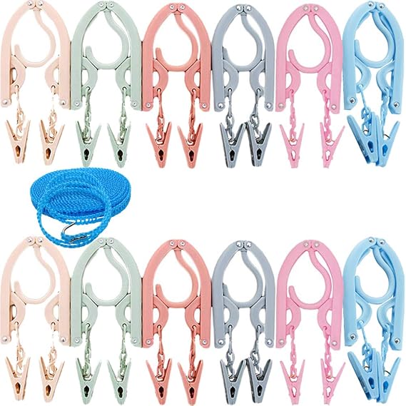 Foldable Multicolor Hangers12Pcs with 24Pcs Clips and 1Pcs Clothesline