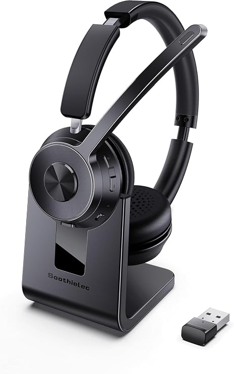 Soothielec Wireless Headset, Bluetooth Headset with Noise Cancelling Microphone, Headphones with Mic Mute & USB Dongle for PC/Computer/Laptop/Cell Phones/Remote Work/Call Center