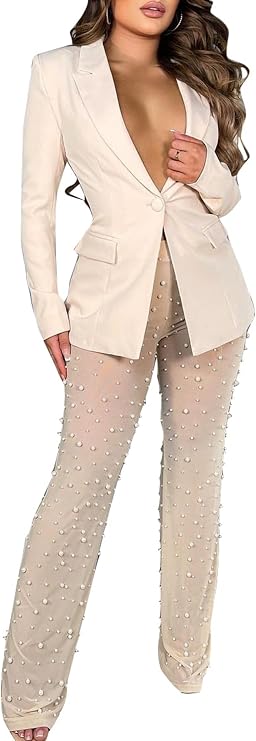 LKOUS Women's 2 Piece Blazer Pants Set Lapel Mesh High Waist Party Outfit