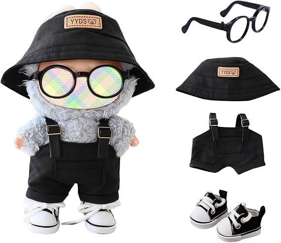 Clothes for Lu bubu 17cm Dolls (No Doll) Accessories, Stylish Kawaii Overalls Outfit Set 4 Pieces Bib Pants for 17cm Dolls, Cute Doll Hat Shoes Clothing Set Replacement Black