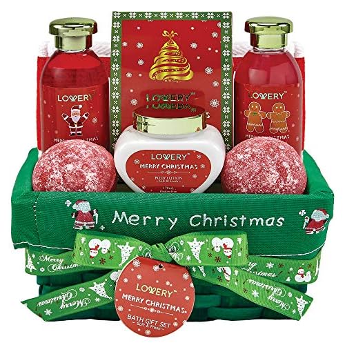 Bath and Body Christmas Gift Basket For Women Strawberry & Sandalwood Fragrance - Holiday Home Spa Set, Includes Merry Christmas Body Lotion, 2 Oversized Bath Bombs, Bath Salt, Weaved Basket & More
